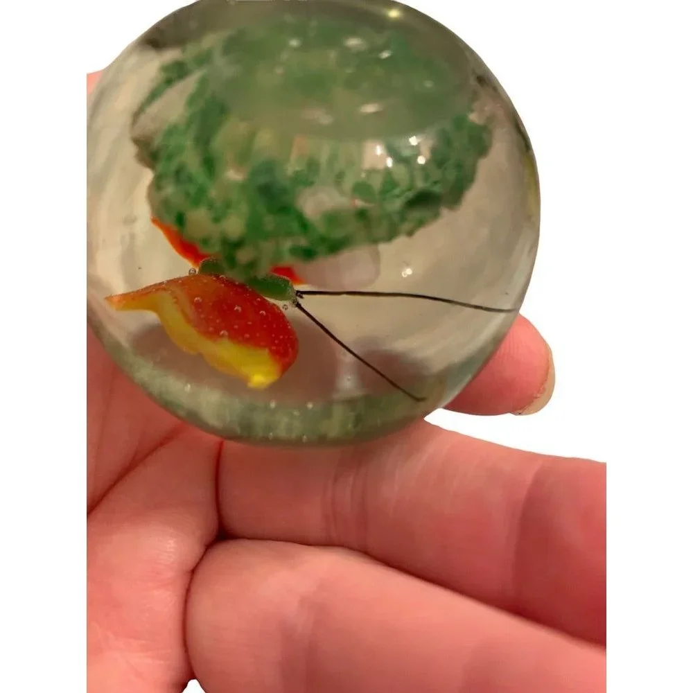Glass Globe Paperweight Red Yellow Butterfly Grass 1.8